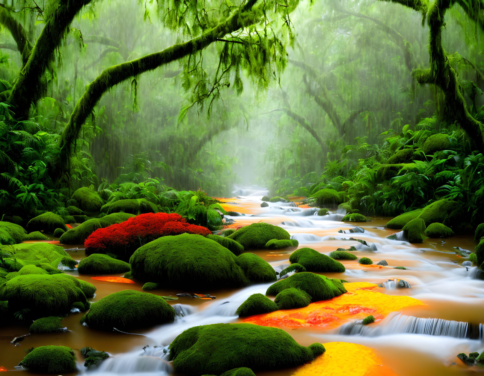 Misty stream with moss-covered rocks in lush forest