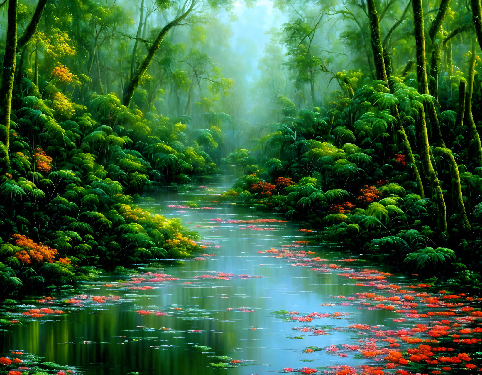 Tranquil forest scene with lush greenery and calm river in misty atmosphere