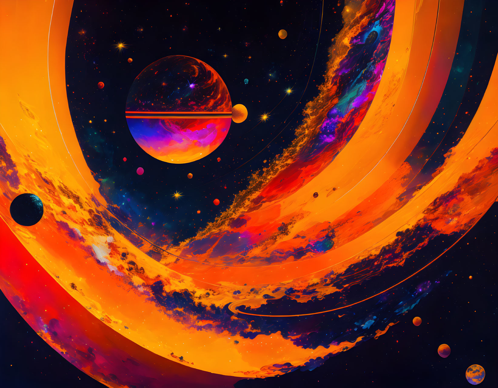 Cosmic scene with swirling orange and blue hues, planets, stars, and nebulous formations.