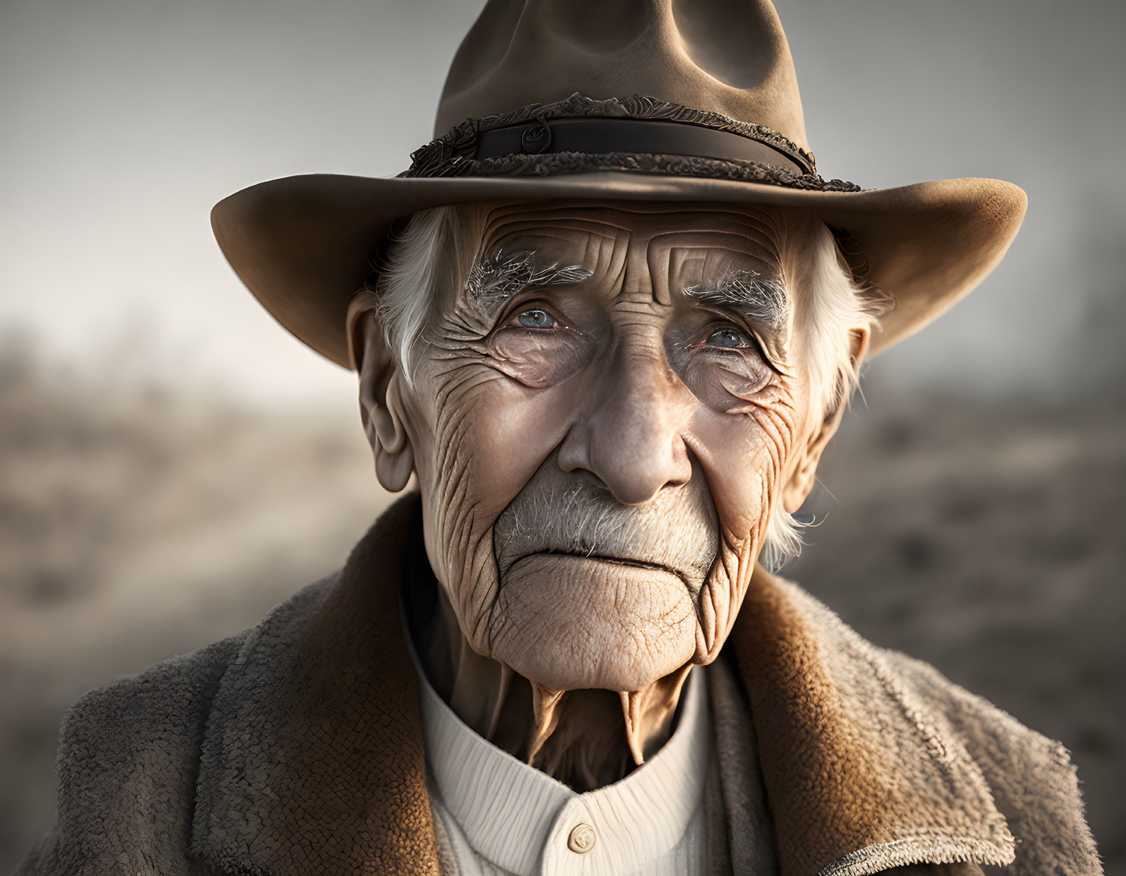 Weathered-faced elder man in hat gazes in desert.