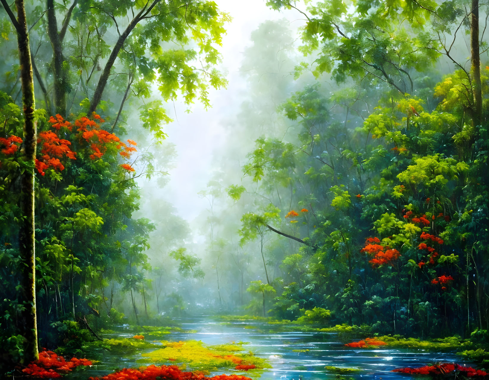 Misty forest landscape with orange flowers and calm water