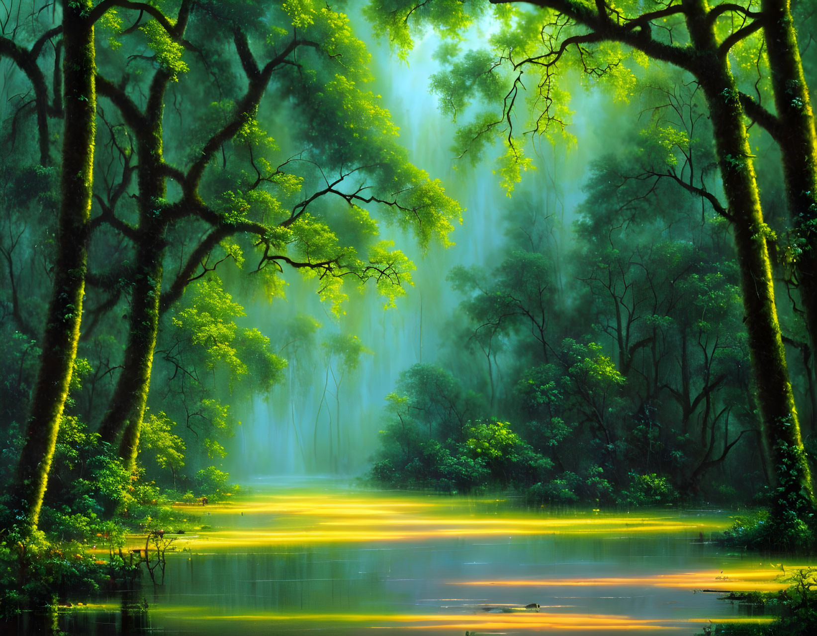 Tranquil pond in misty forest with sunbeams and lush greenery