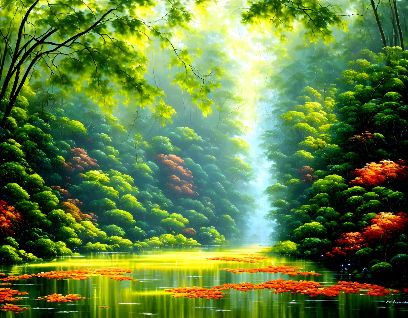 Tranquil forest scene with green and autumn trees reflecting in lake