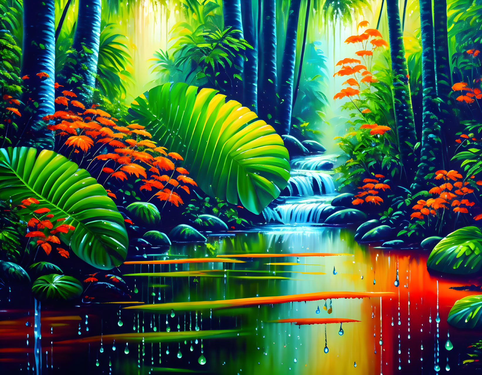 Lush Green Rainforest with Waterfalls and Pond