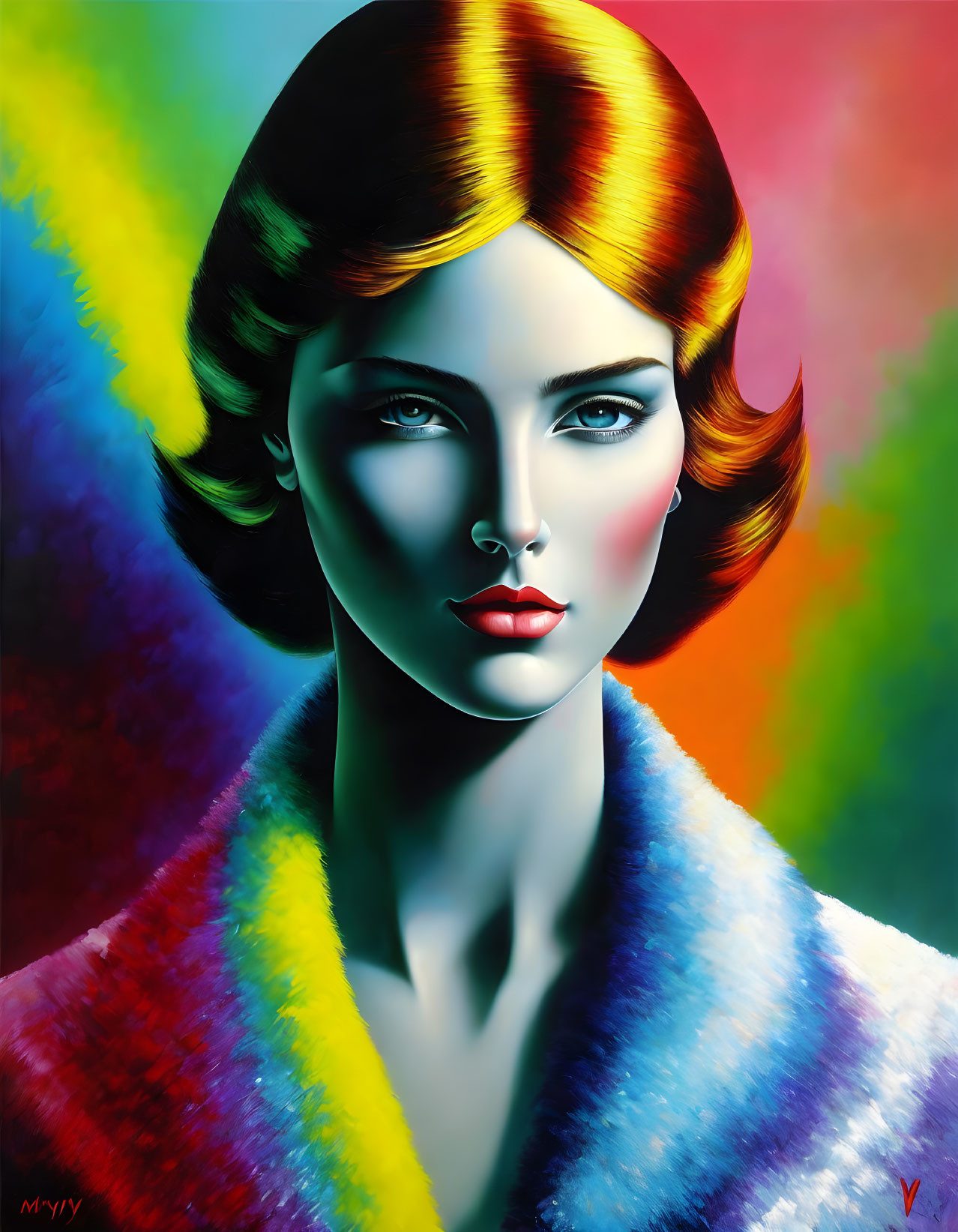 Colorful portrait of woman with bobbed hair and rainbow coat on vibrant background