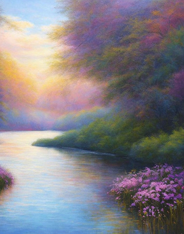 Tranquil river scene at dawn with pink flowers, greenery, and pastel sky