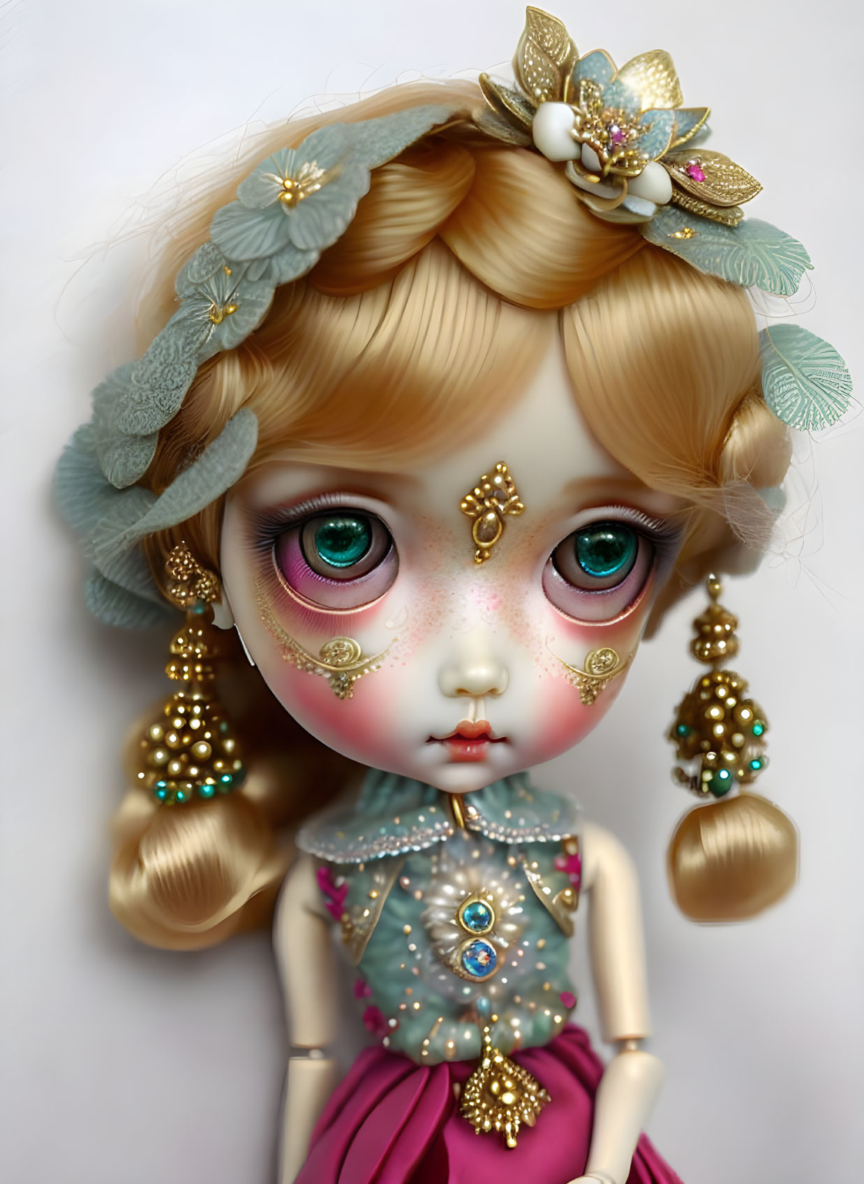 Detailed Doll with Green Eyes, Golden Braid, and Blue Jeweled Dress