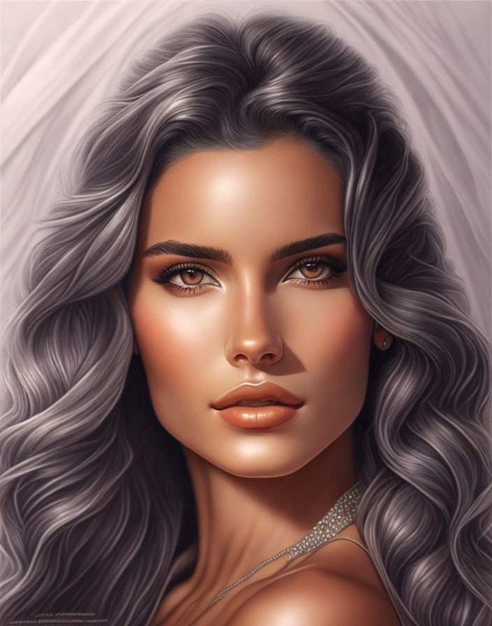 Detailed illustration of woman with long grey hair and brown eyes in sparkly strap attire