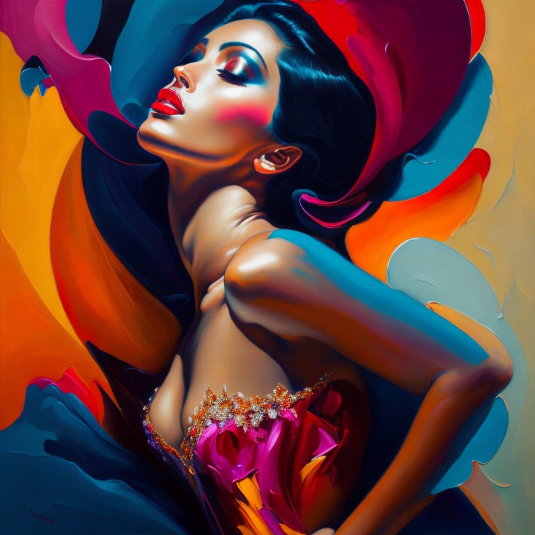 Colorful portrait of stylized woman with dramatic makeup and pink dress against abstract background