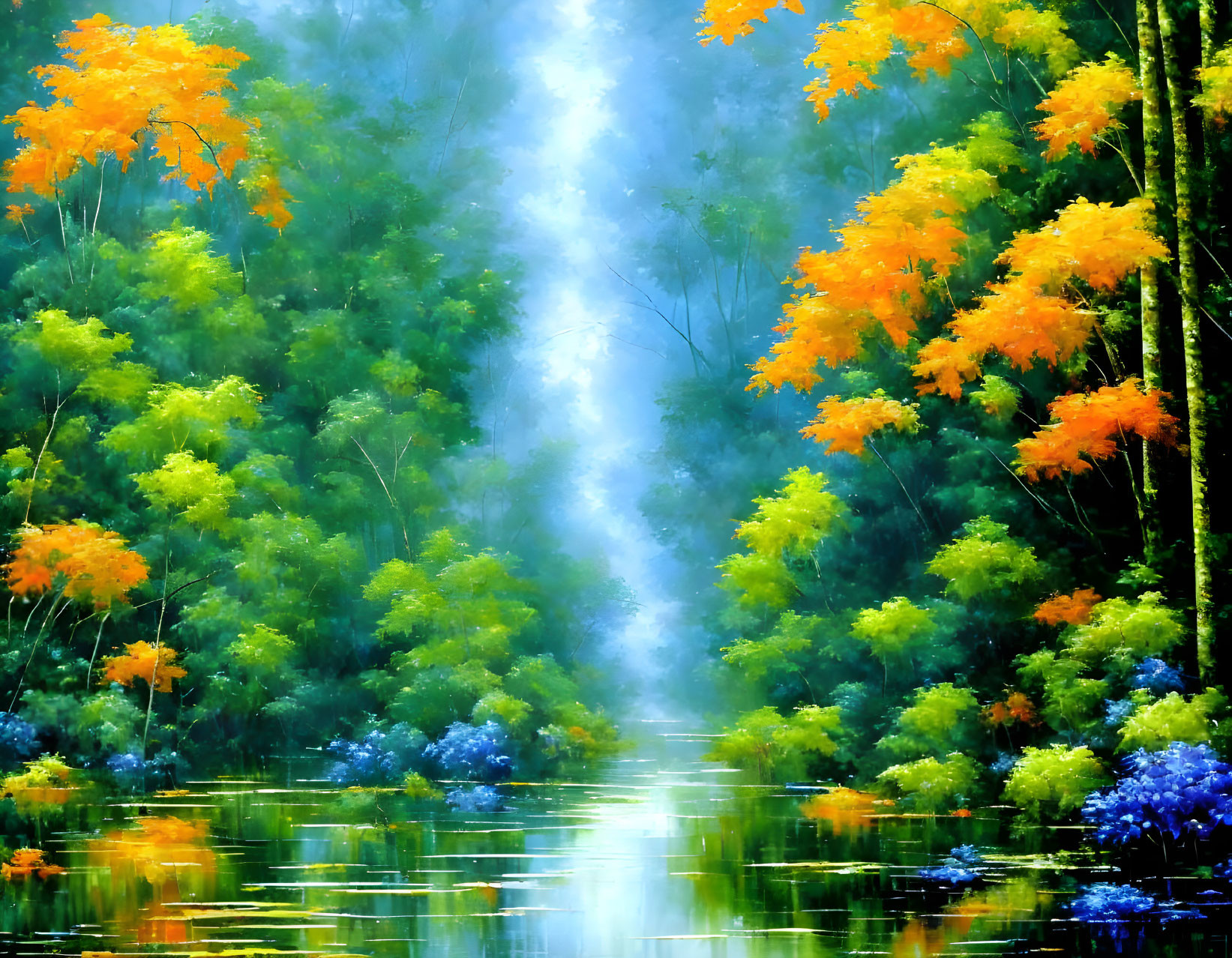 Colorful Forest Pathway with Water under Misty Sky