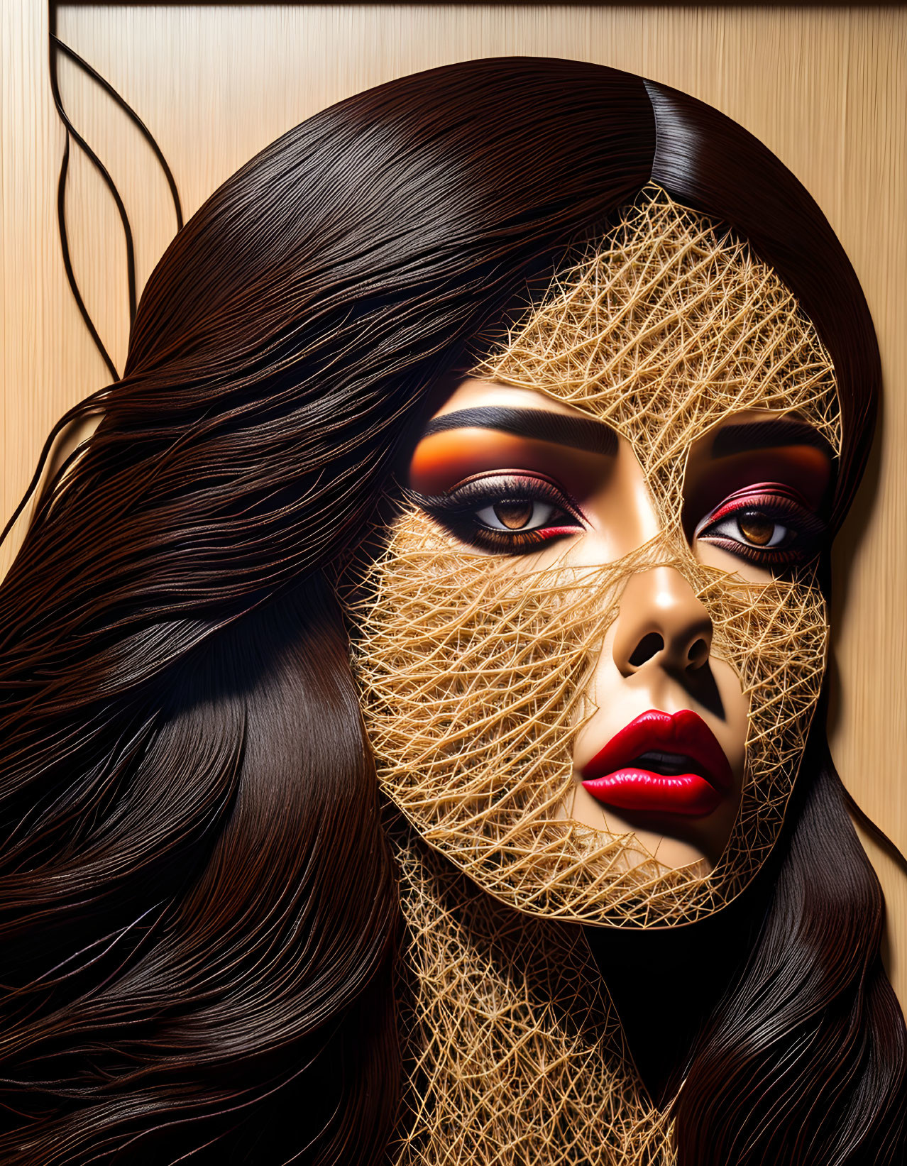 Woman's face in digital artwork with golden geometric mesh, makeup, dark hair on wooden backdrop