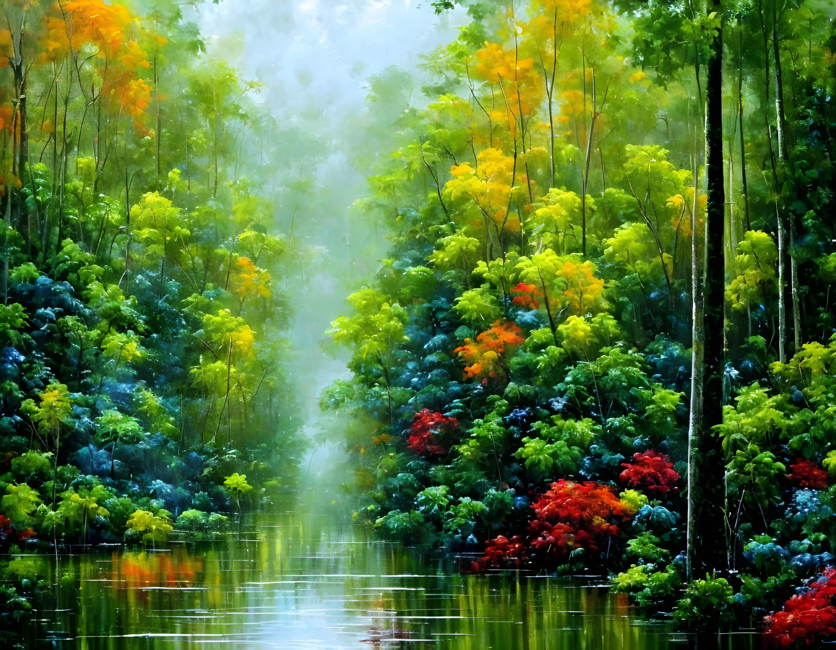 Colorful Misty Forest Reflected in Serene Water