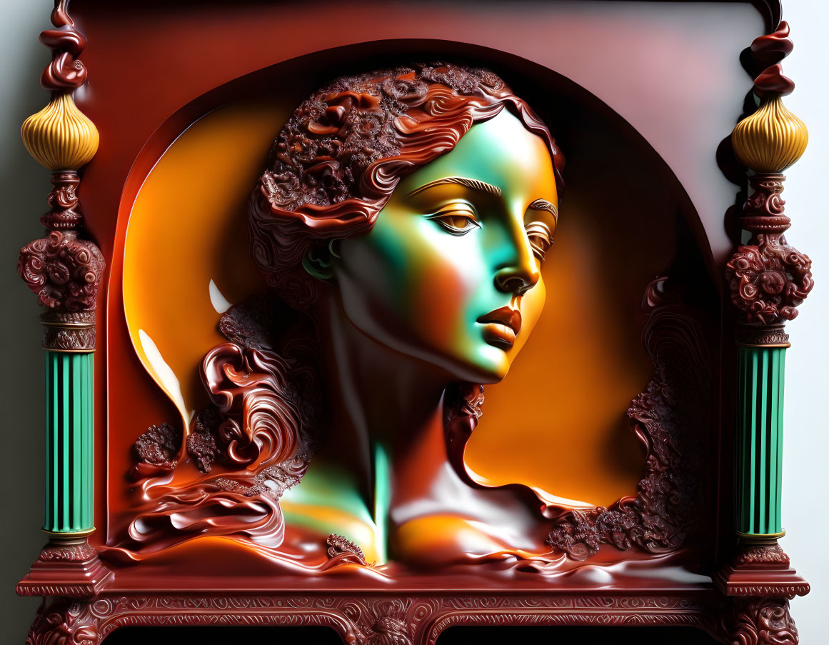 Colorful surreal woman's head in ornate baroque frame