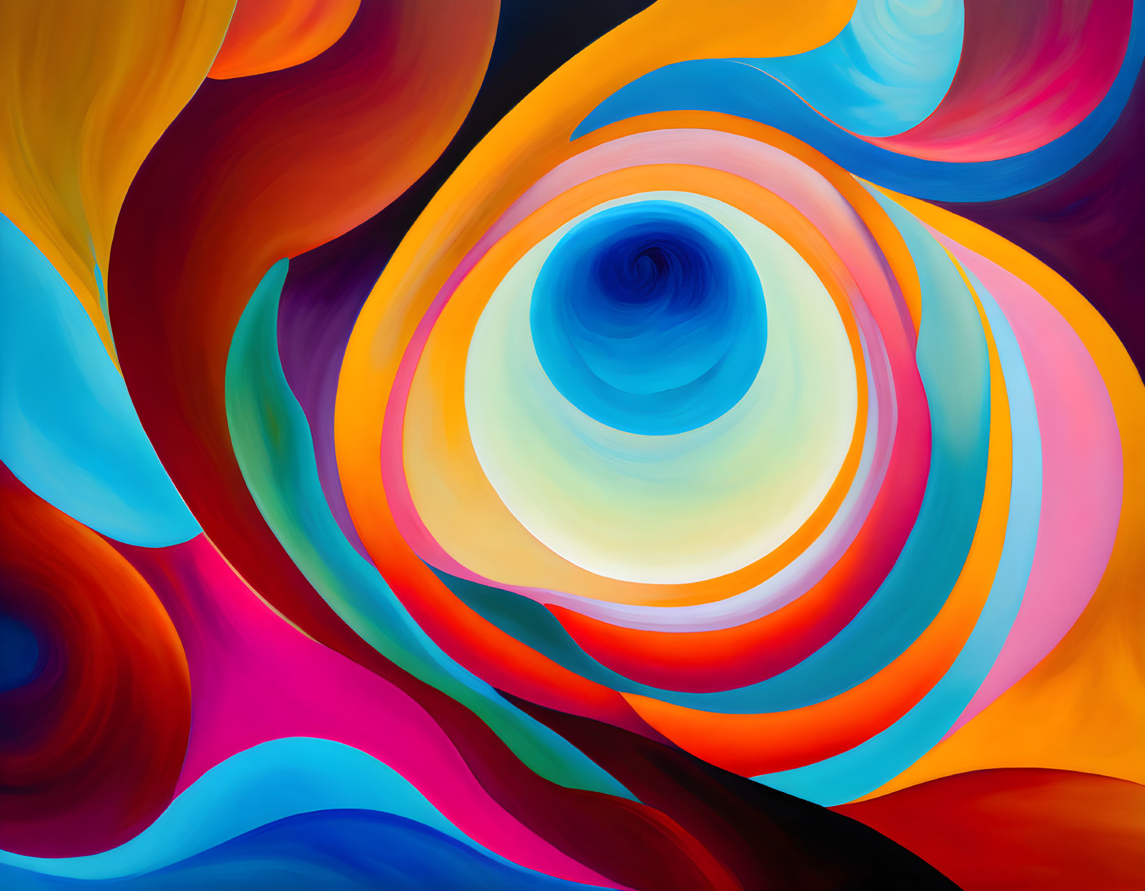 Colorful Abstract Painting with Swirls in Blue, Orange, Red, and Yellow