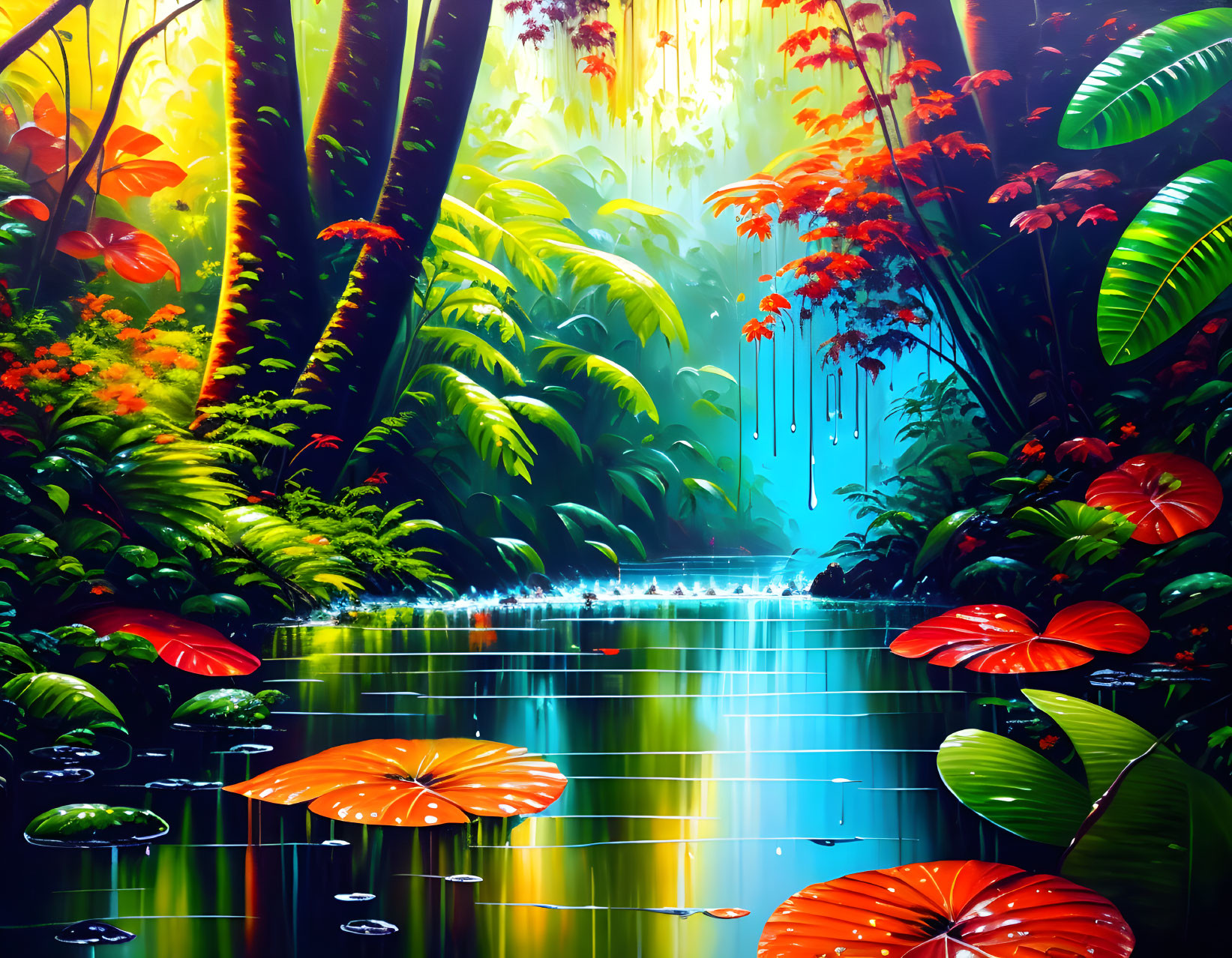 Lush Tropical Forest Illustration with Oversized Foliage