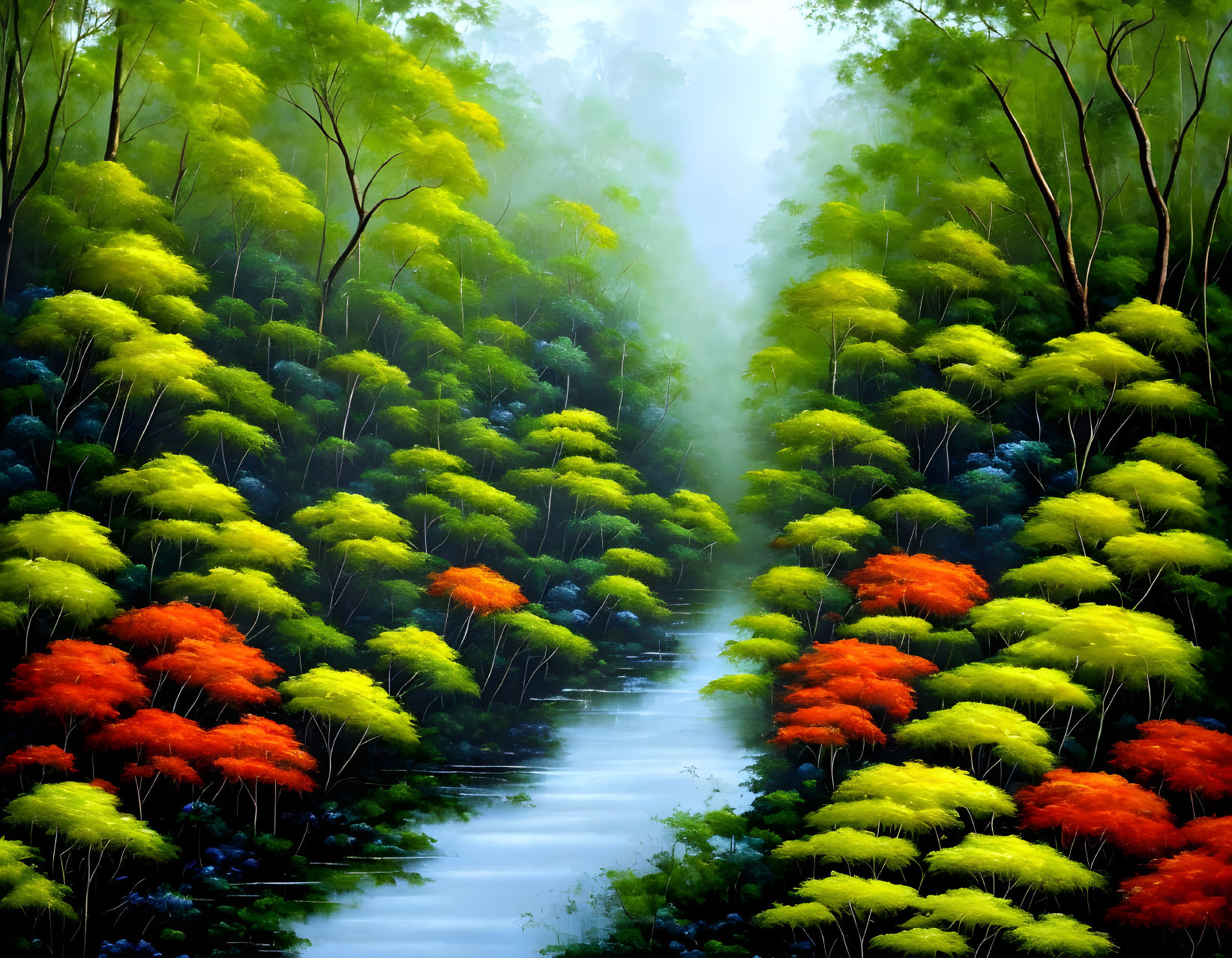 Multicolored forest with misty background and serene stream