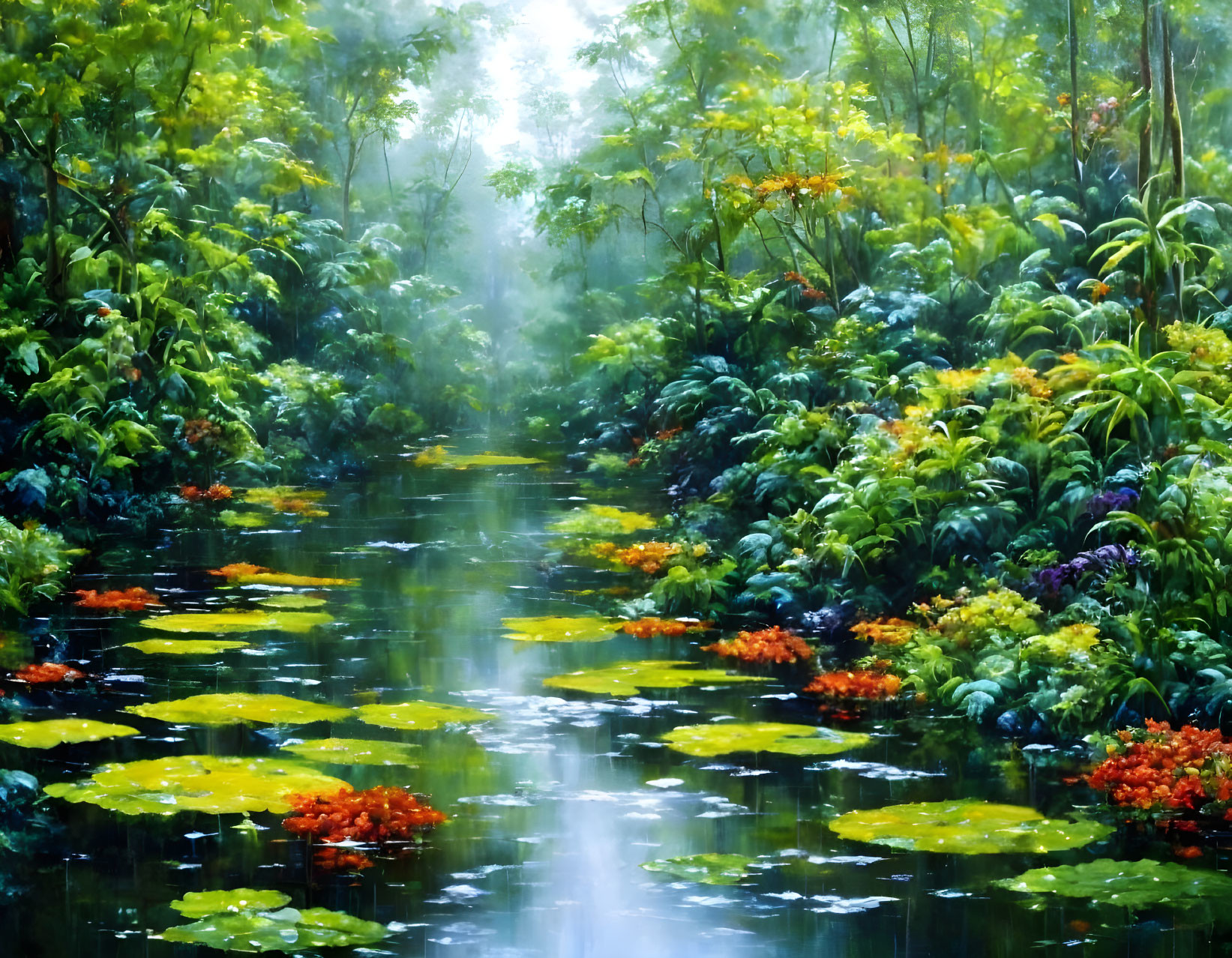 Tranquil river scene with mist and colorful flowers