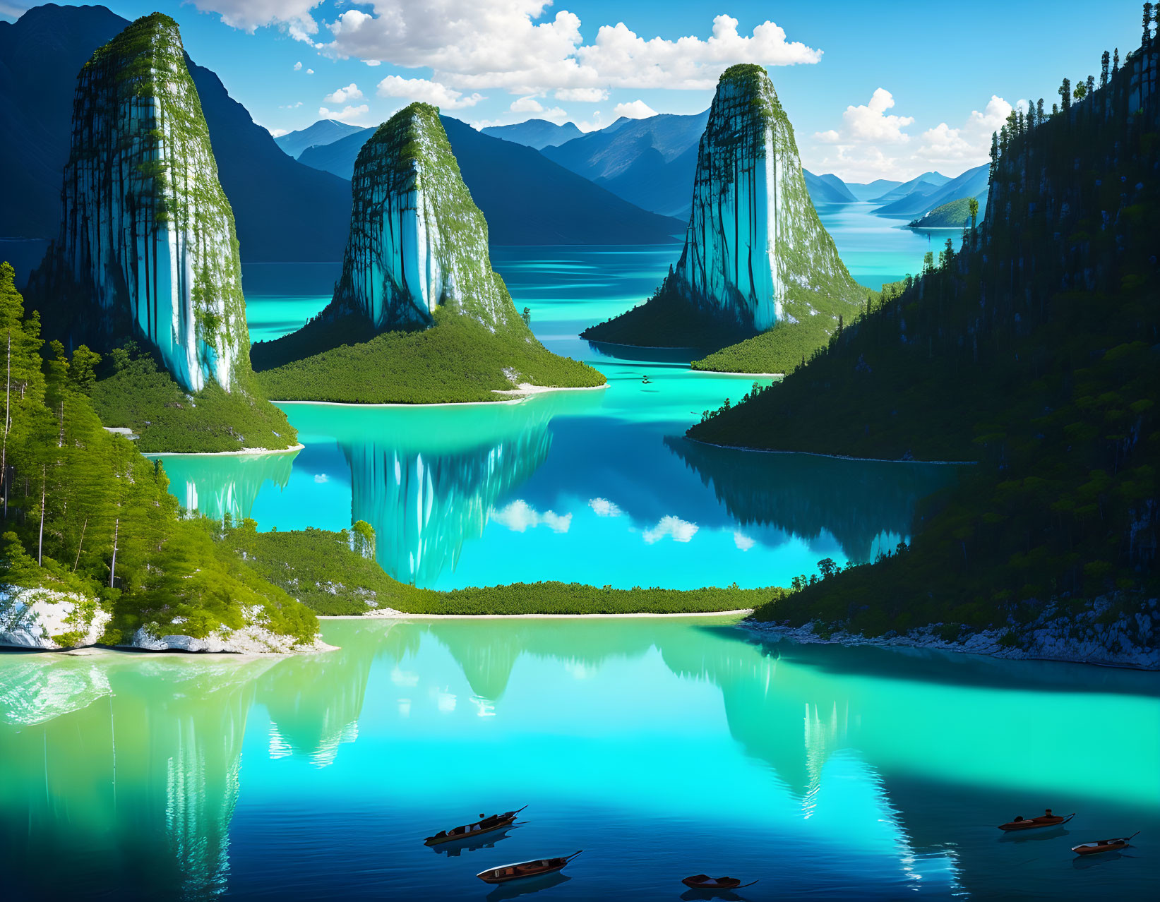 Fantasy landscape with rock formations, lakes, greenery, boats, and blue skies