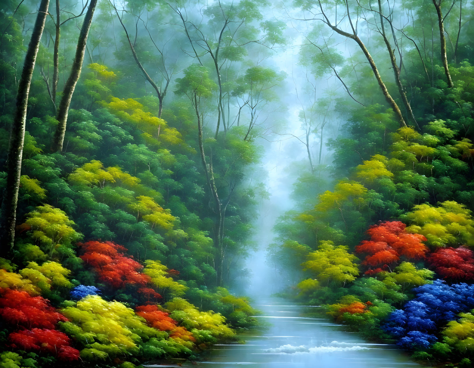 Colorful Trees and Misty River in Vibrant Forest