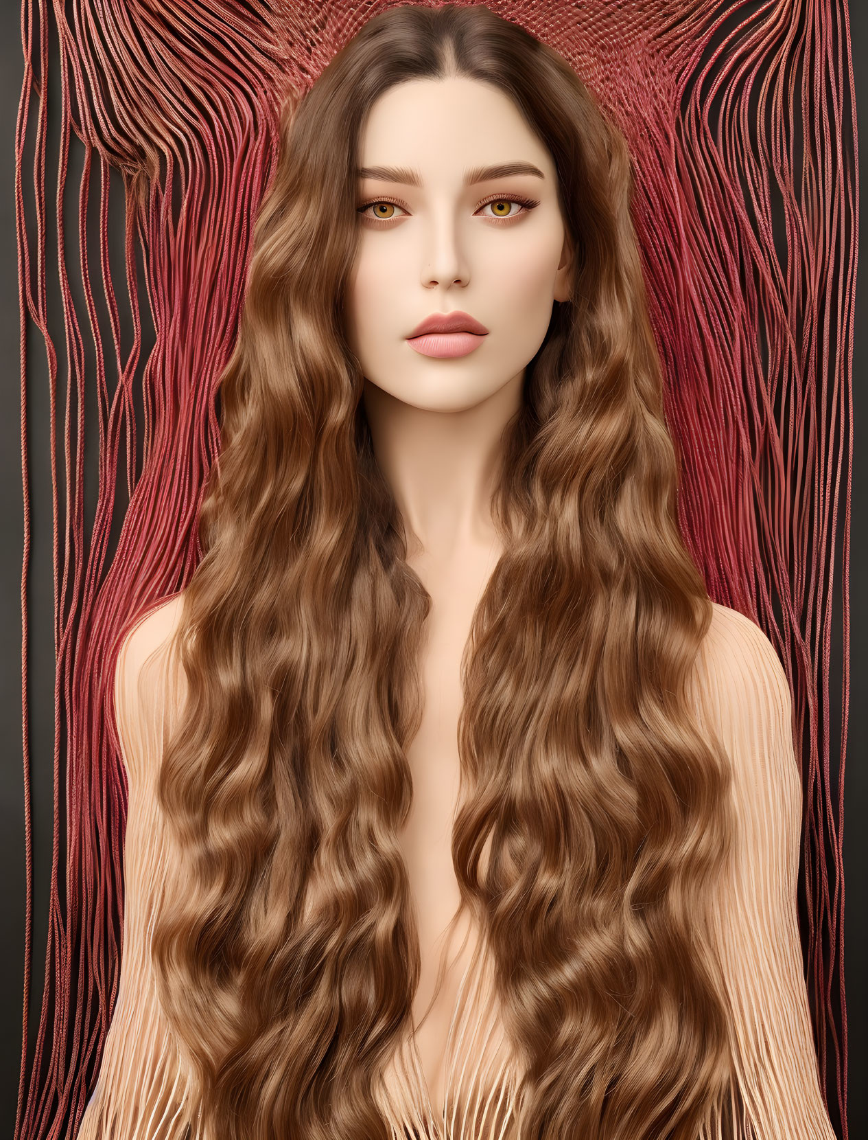 Digital artwork of a woman with long brown hair and green eyes on a red line background