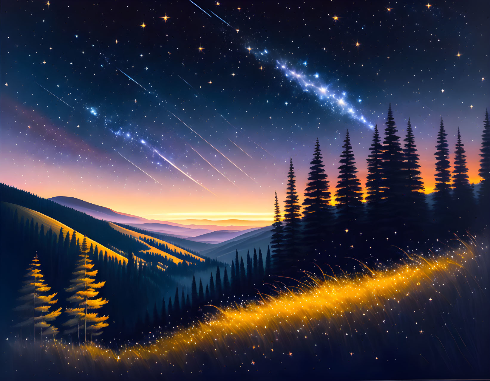 Starry night sky over forest with shooting stars