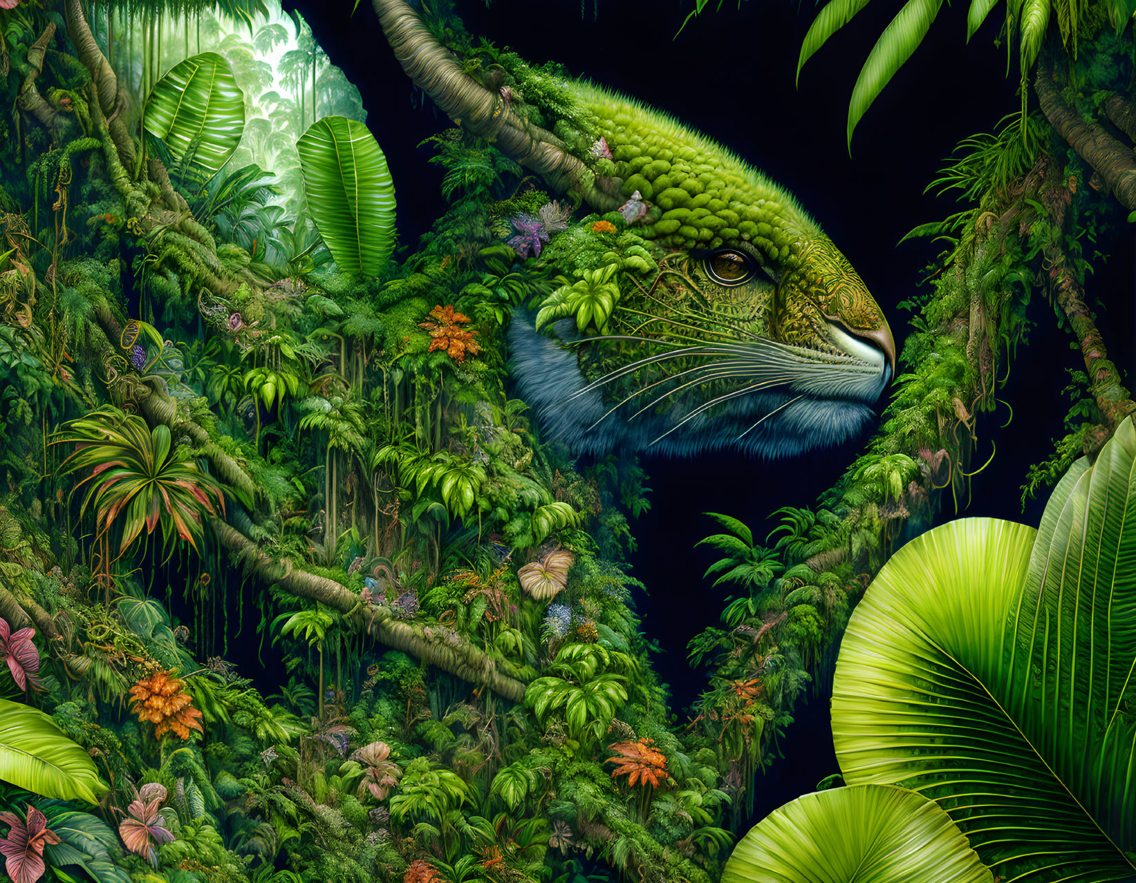 Surreal digital artwork: Jungle scene with hidden cat face