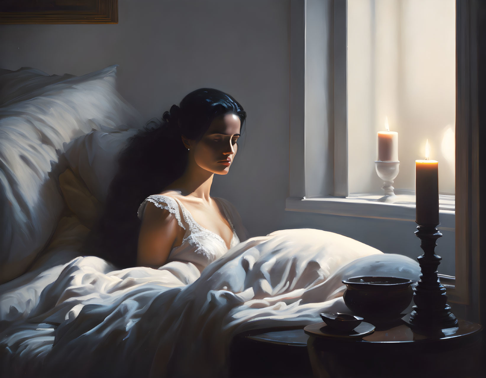 Woman in White Nightgown Sitting on Moonlit Bed with Candles