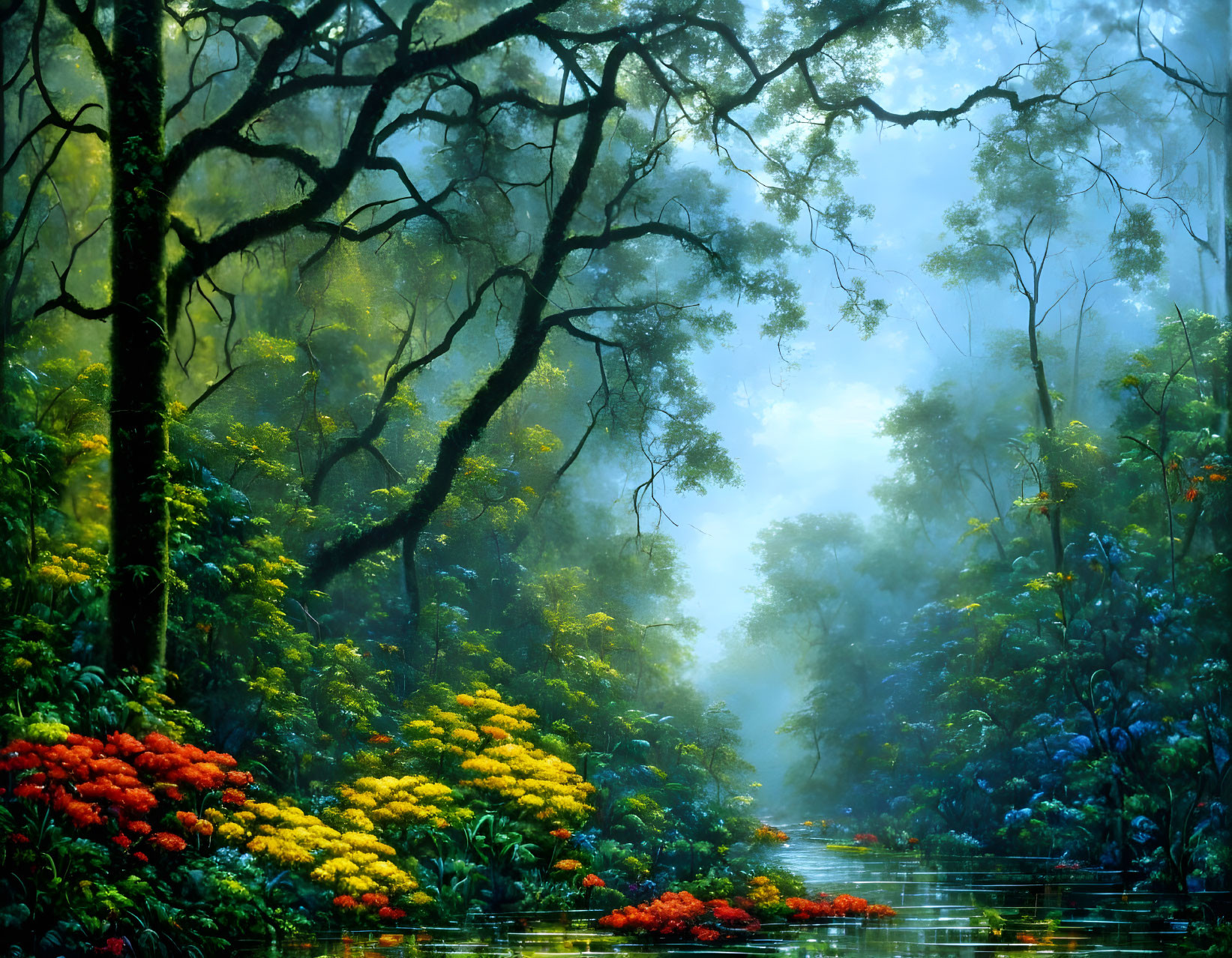 Colorful Misty Forest Reflecting in Tranquil Water