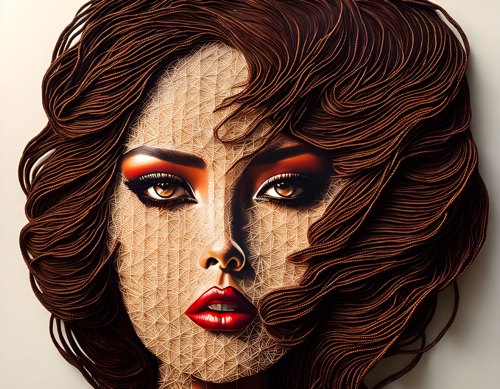 Detailed geometric hair and makeup on woman's face with vibrant colors.