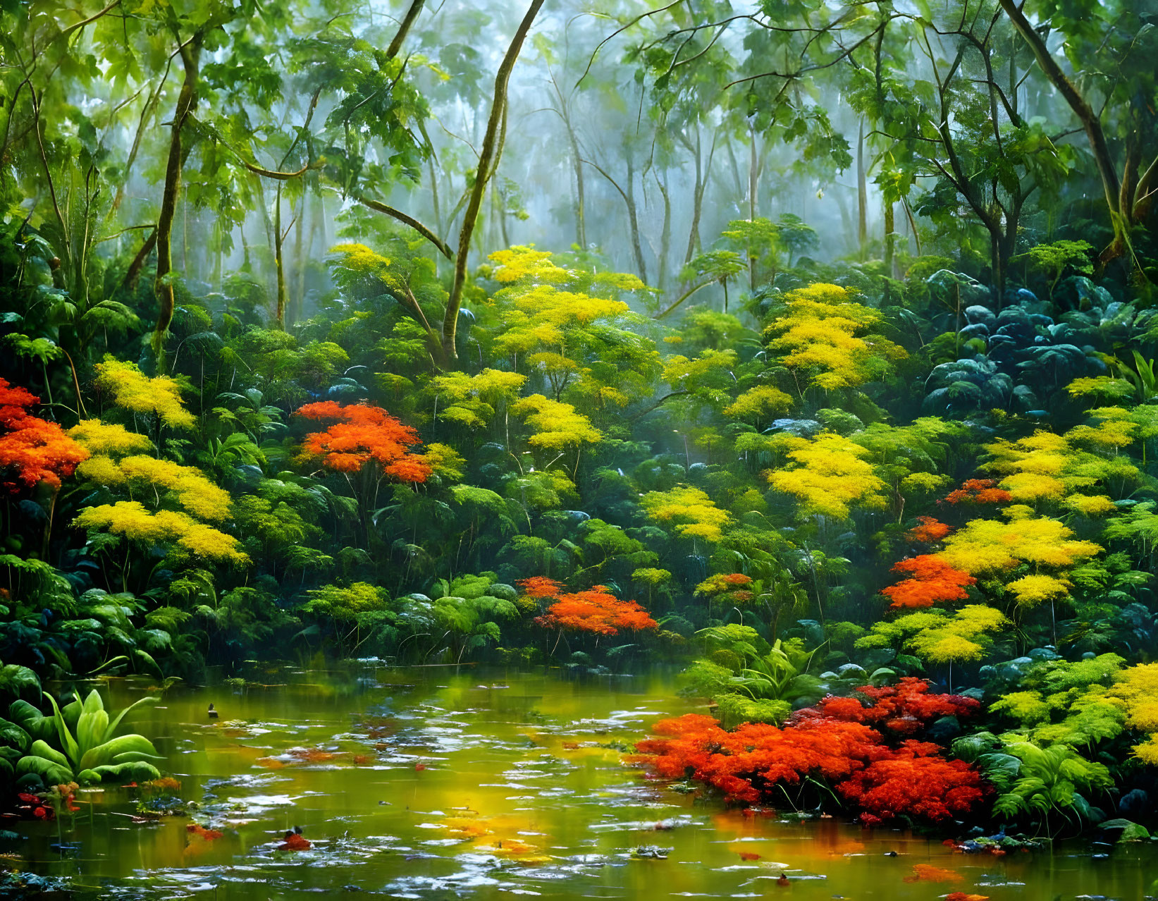 Lush Tropical Garden with Yellow and Red Foliage by Tranquil Pond