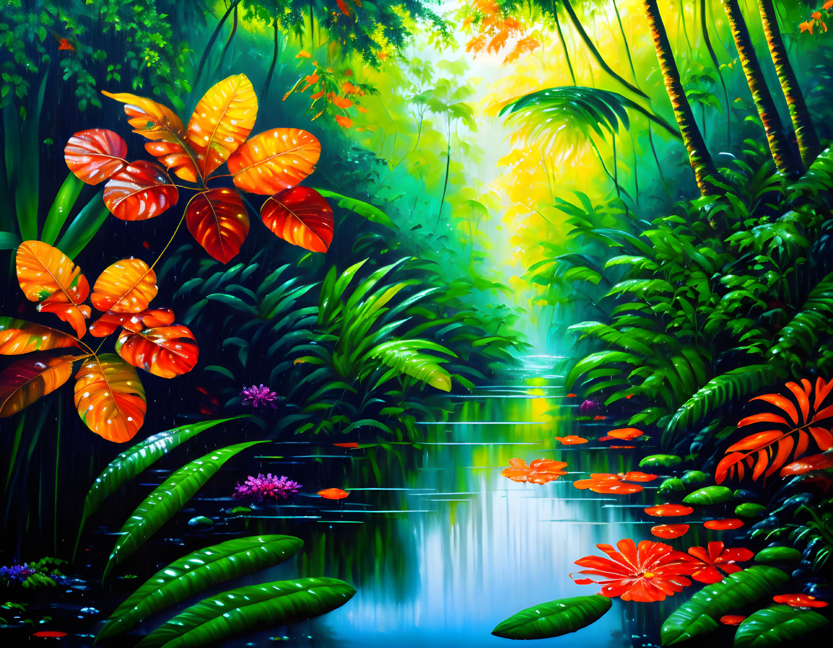 Lush Tropical Jungle Scene with Stream and Sunlit Clearing