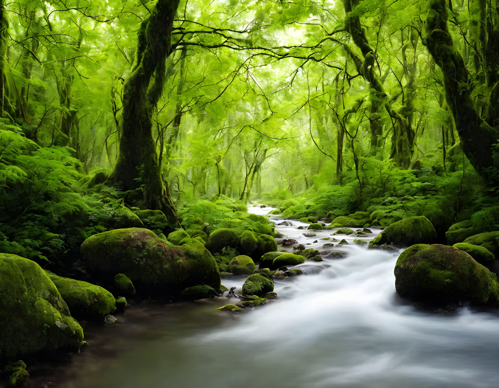 Tranquil Forest Scene with Misty Stream and Moss-Covered Rocks