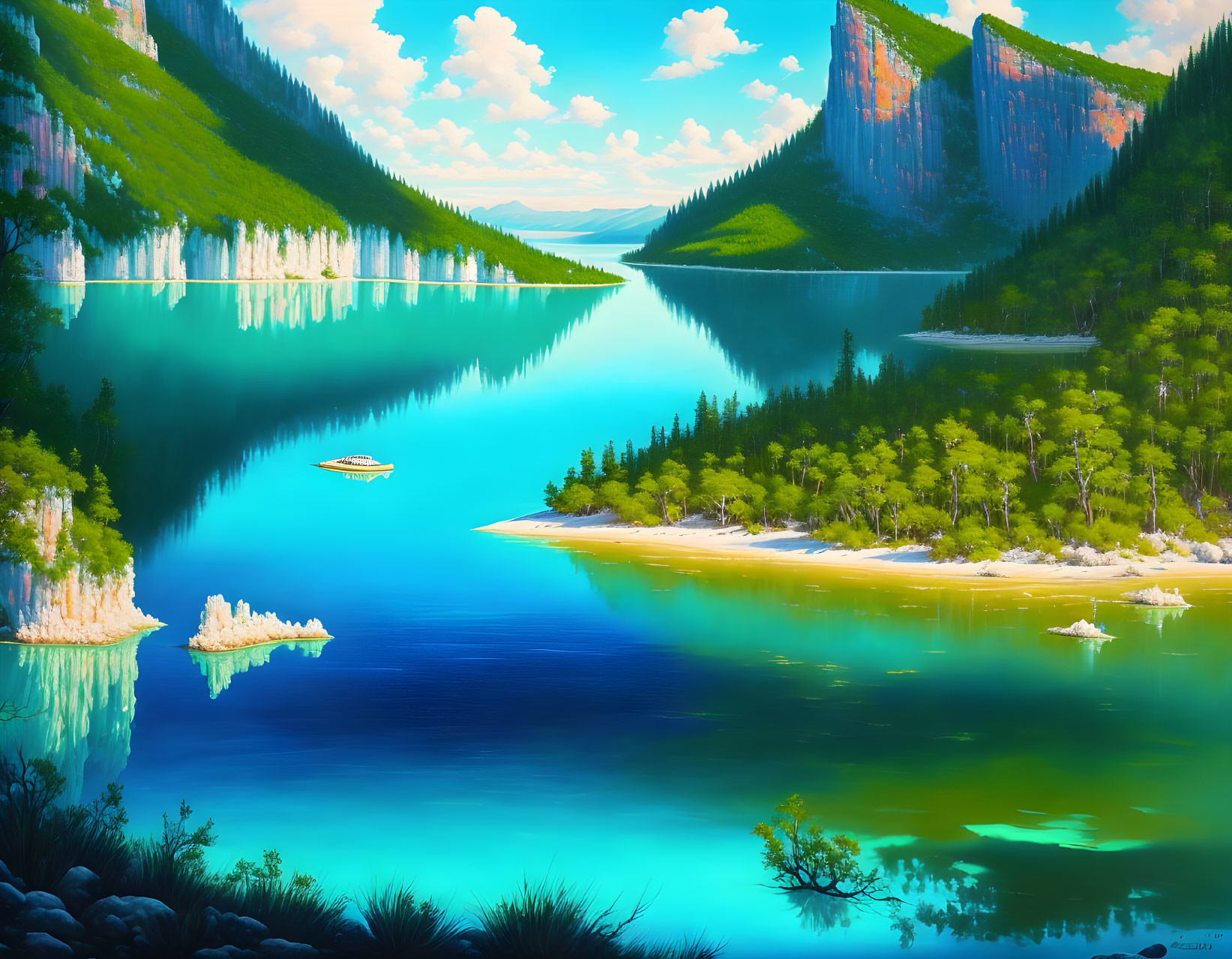 Tranquil lake scene with lush forests and boat under blue sky