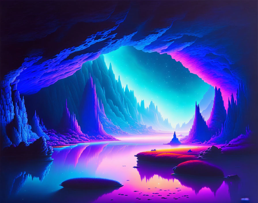 Colorful digital artwork of a cave with alien landscape, luminous trees, reflective water, and star