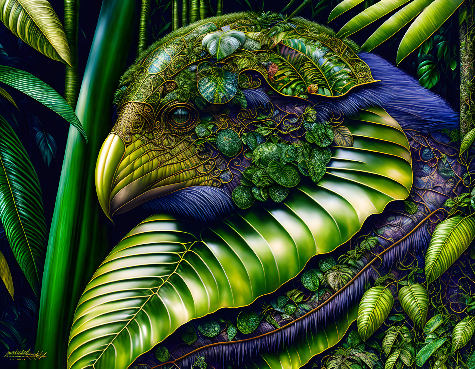 Vibrant digital artwork: Eagle with intricate patterns in tropical foliage.