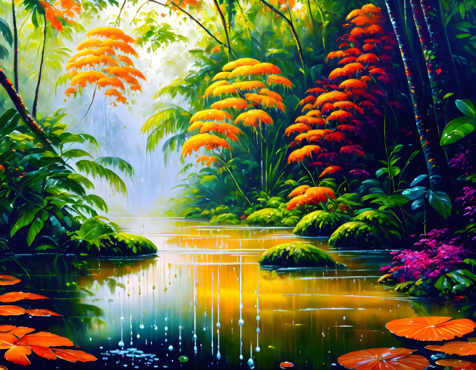 Colorful painting of lush tropical rainforest with serene pond