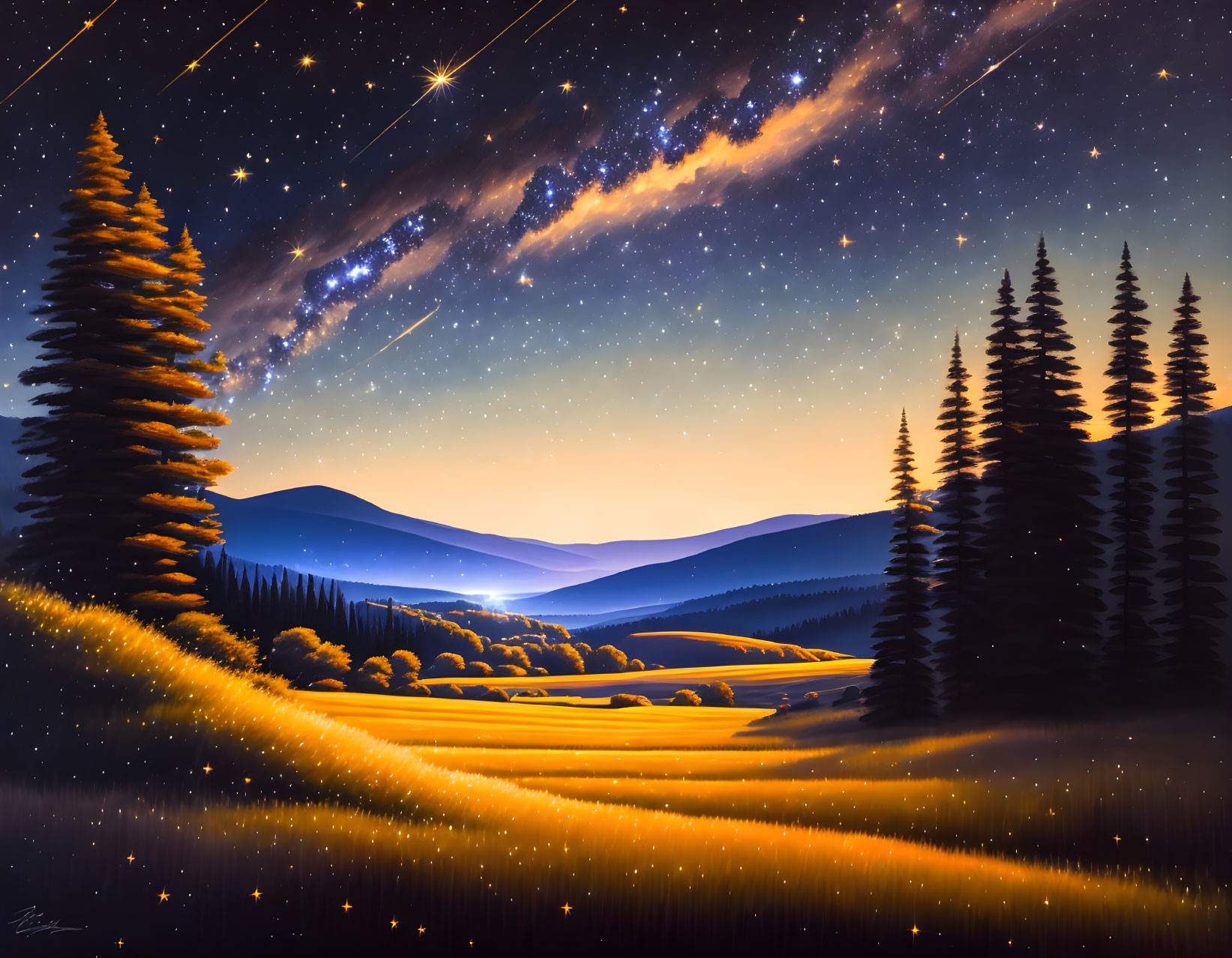 Starry Night Sky with Shooting Star over Serene Landscape