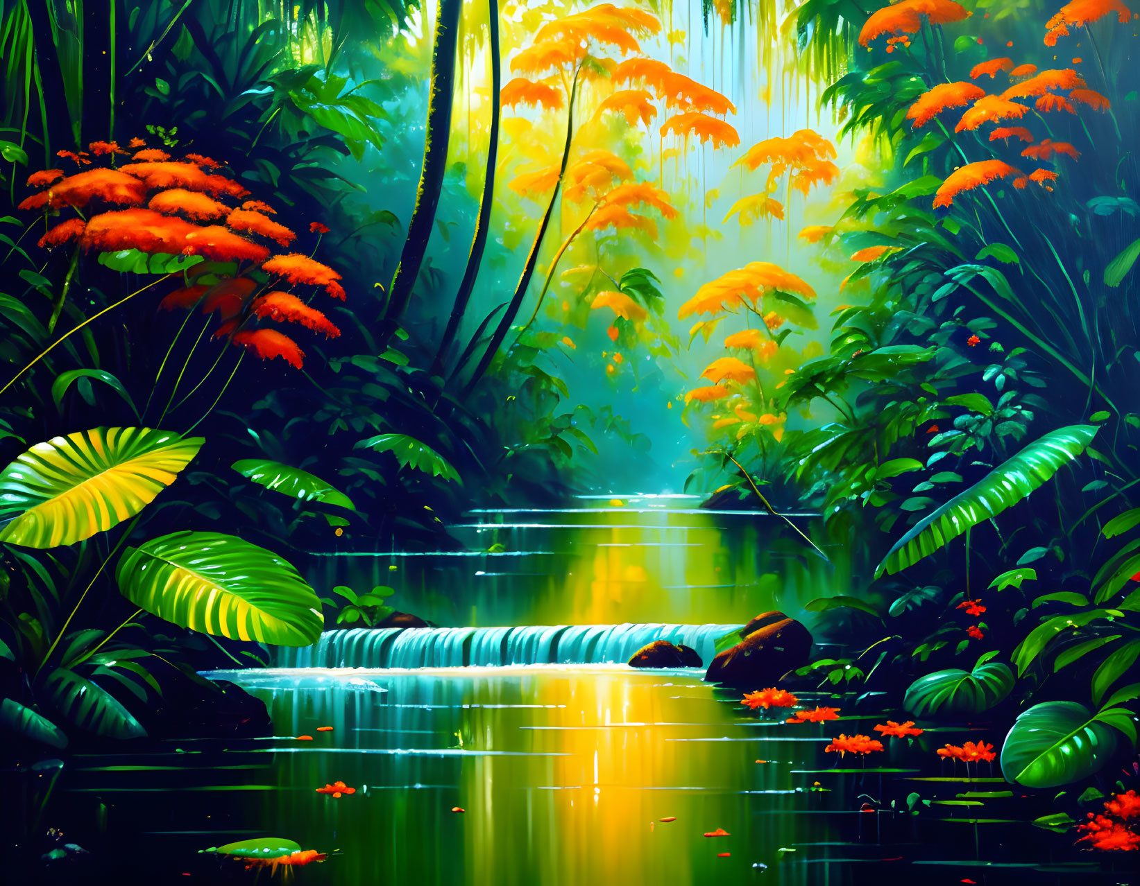 Vibrant digital artwork of lush jungle with misty waterfall