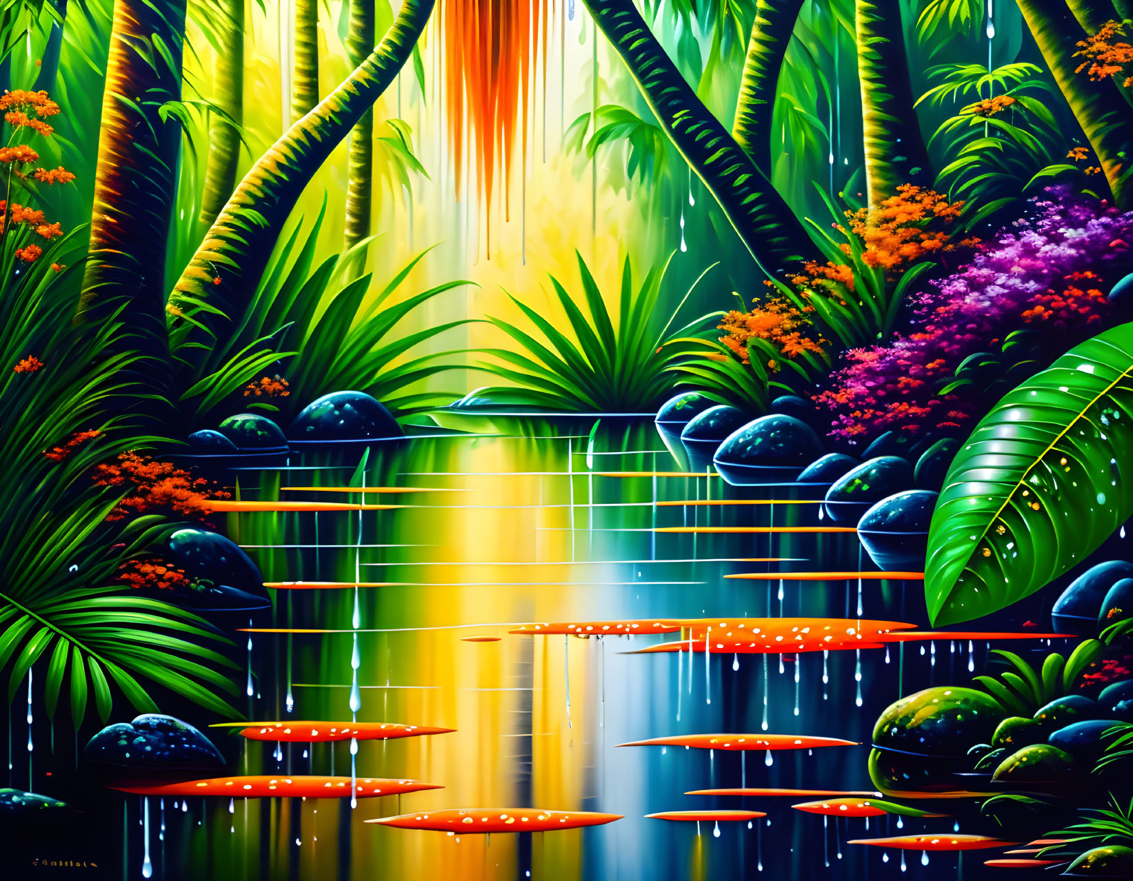 Tropical Scene with Foliage, Flowers, Waterfall, and Pond