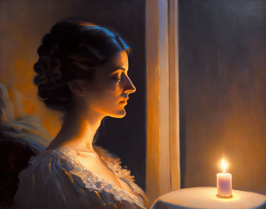 Vintage-dressed woman by candlelight at window