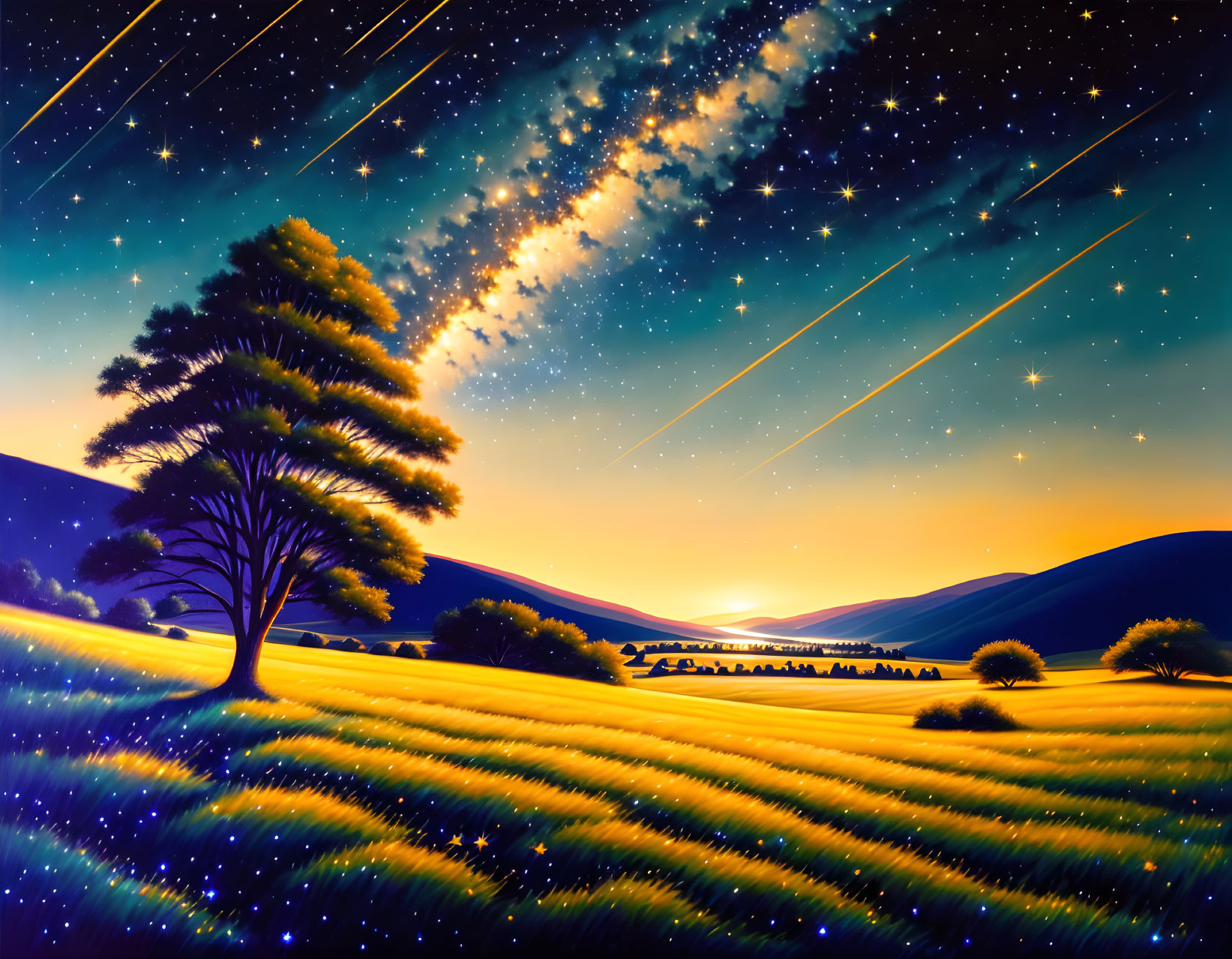 Tranquil dusk landscape with lone tree, starry sky, meteors, and river.