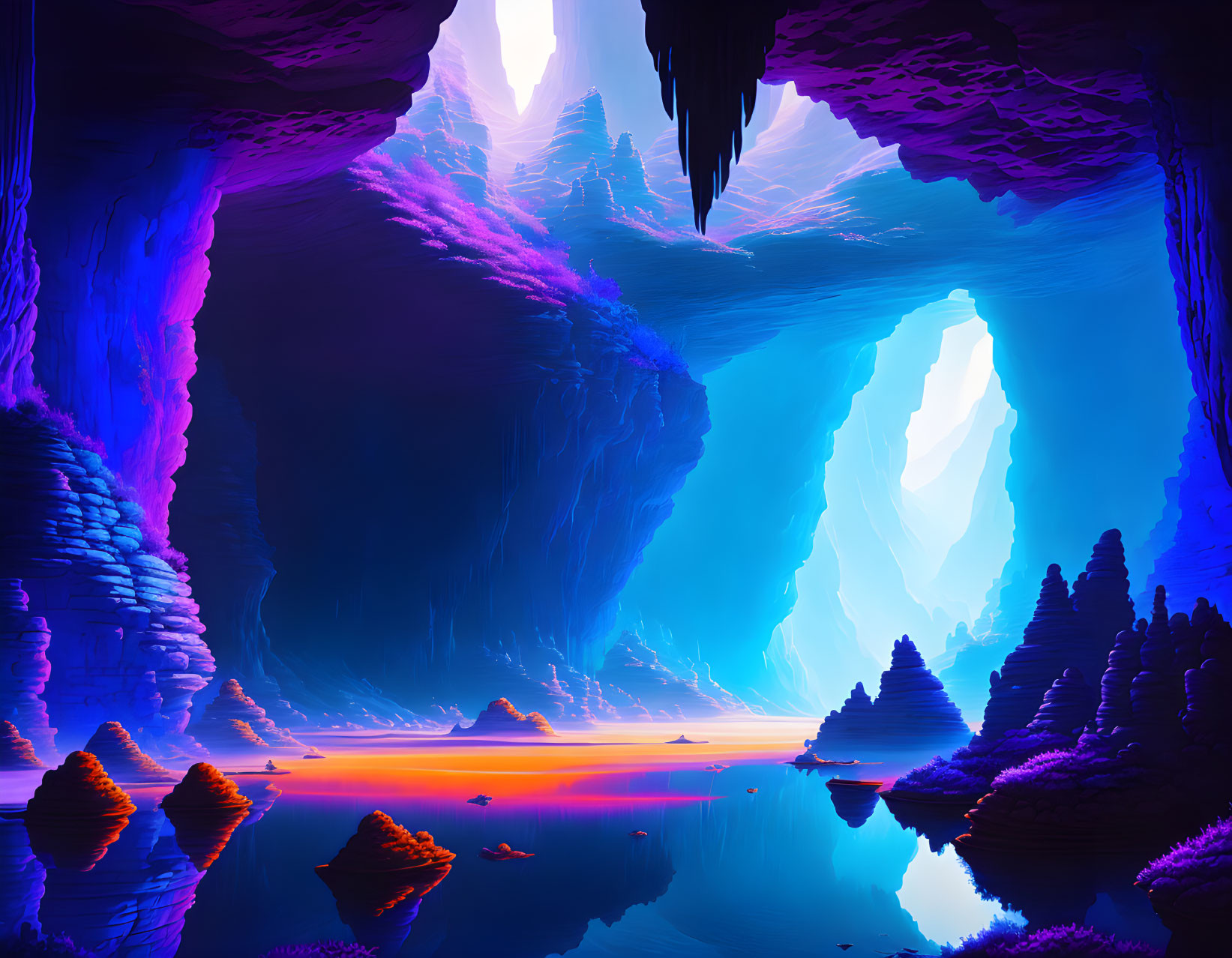 Vibrant digital art cave scene with purple and blue hues, stalactites, rocky formations,