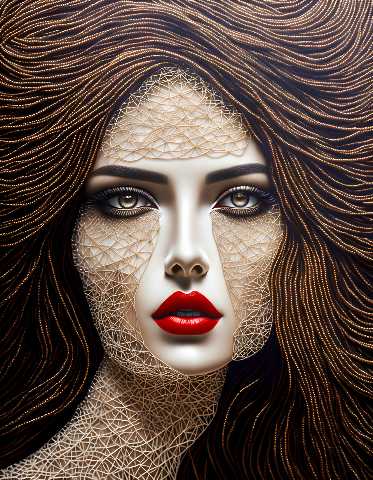 Detailed Digital Artwork of Woman's Face with Flowing Hair & Geometric Skin Patterns