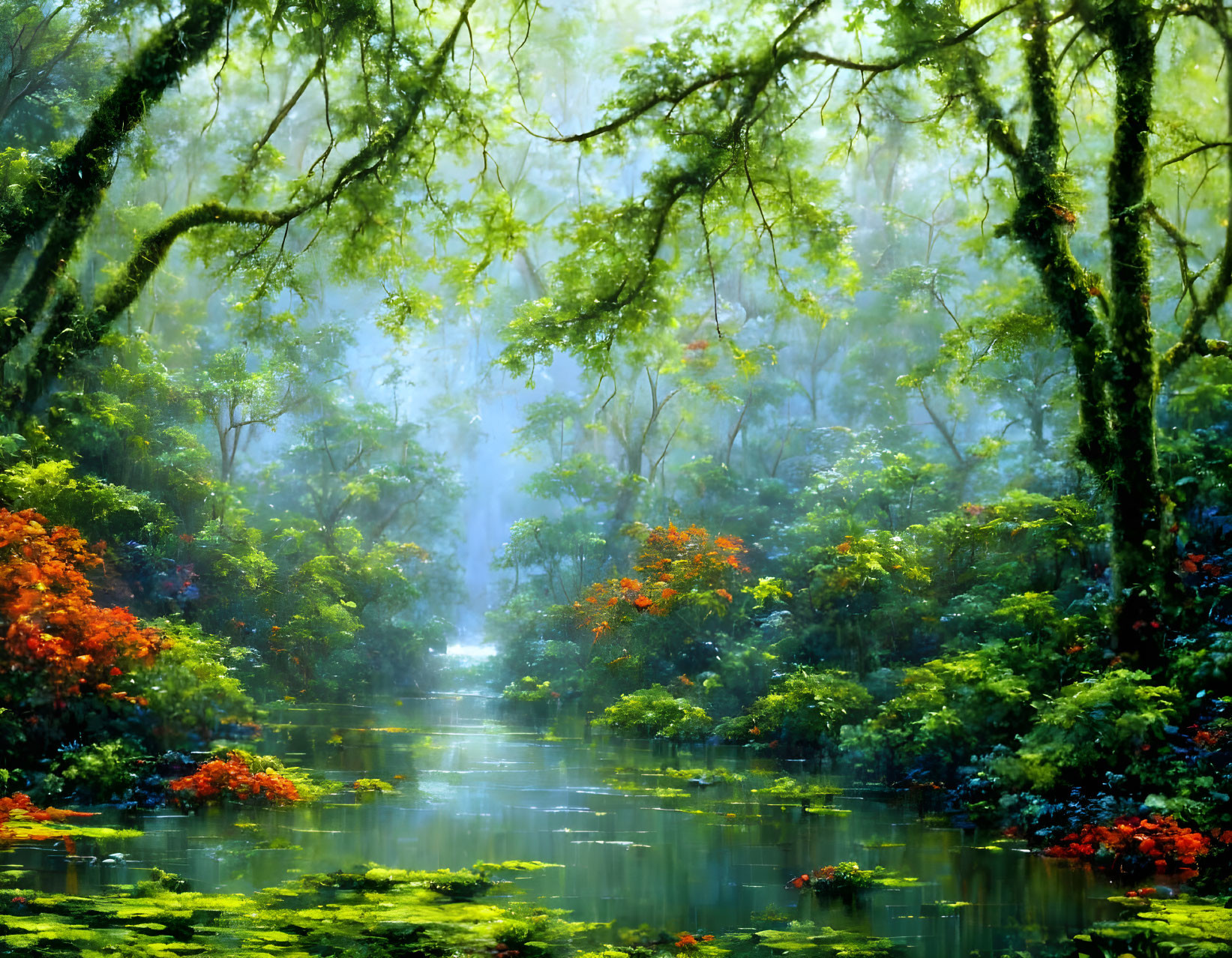 Tranquil river in misty forest with colorful flowers