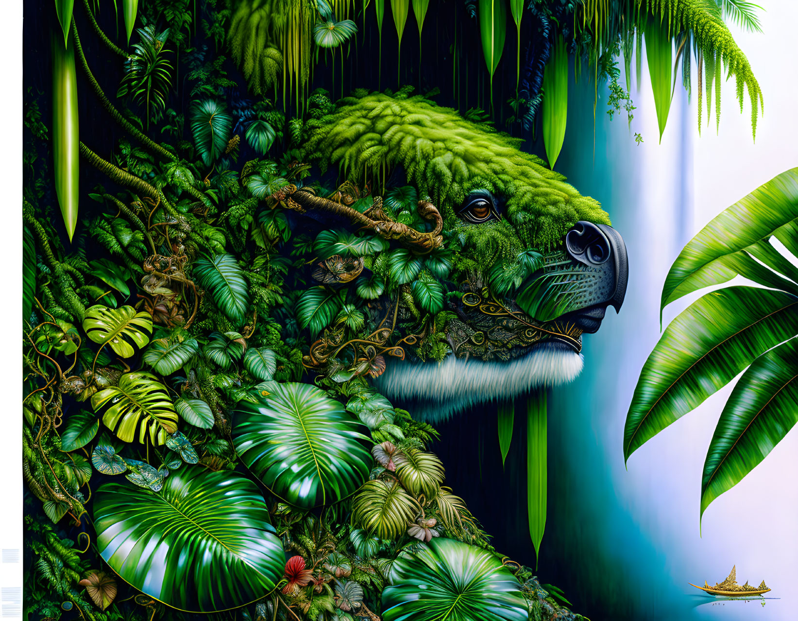 Digital artwork: Bear's face in jungle with waterfall