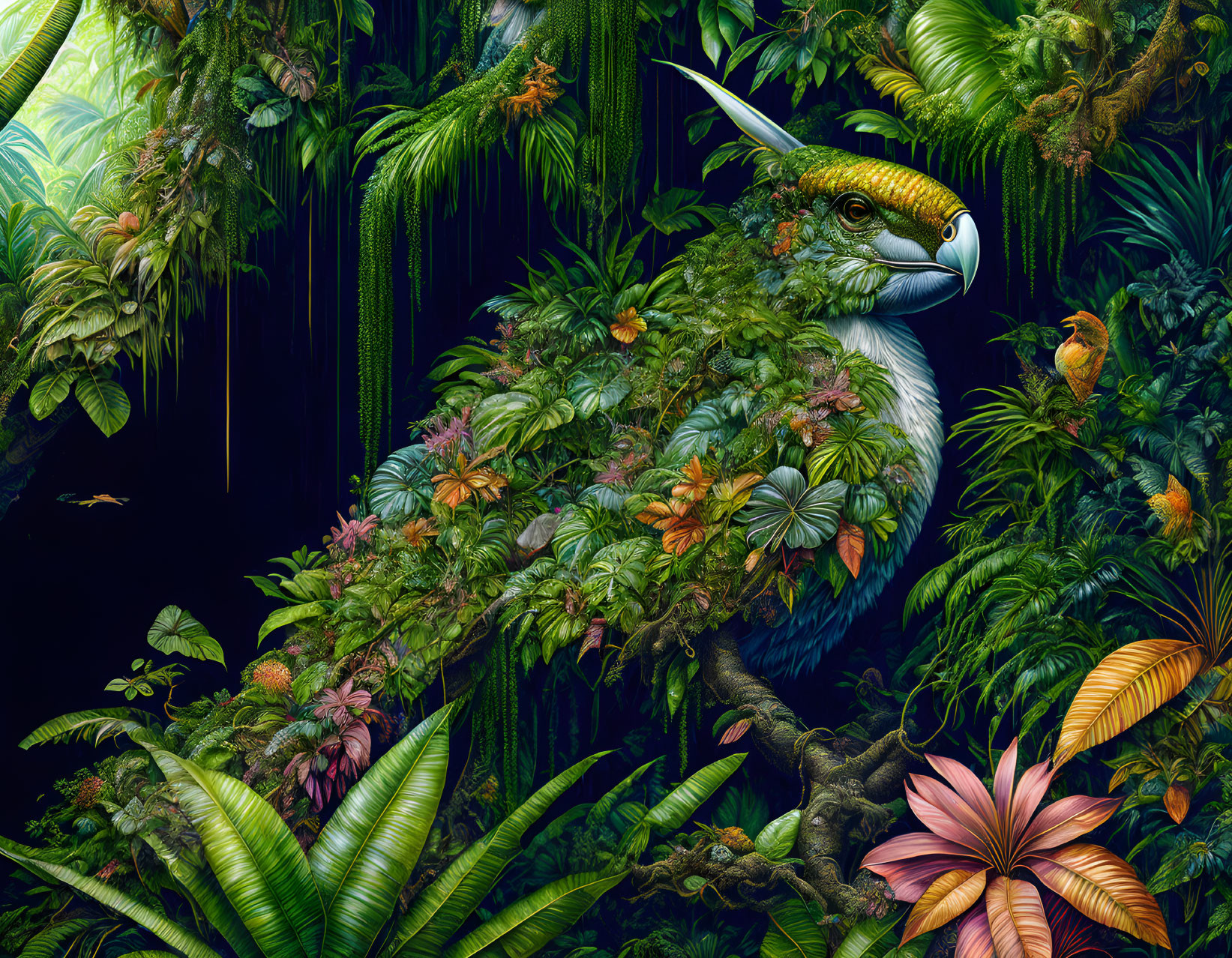 Detailed bird illustration blending into lush tropical forest background