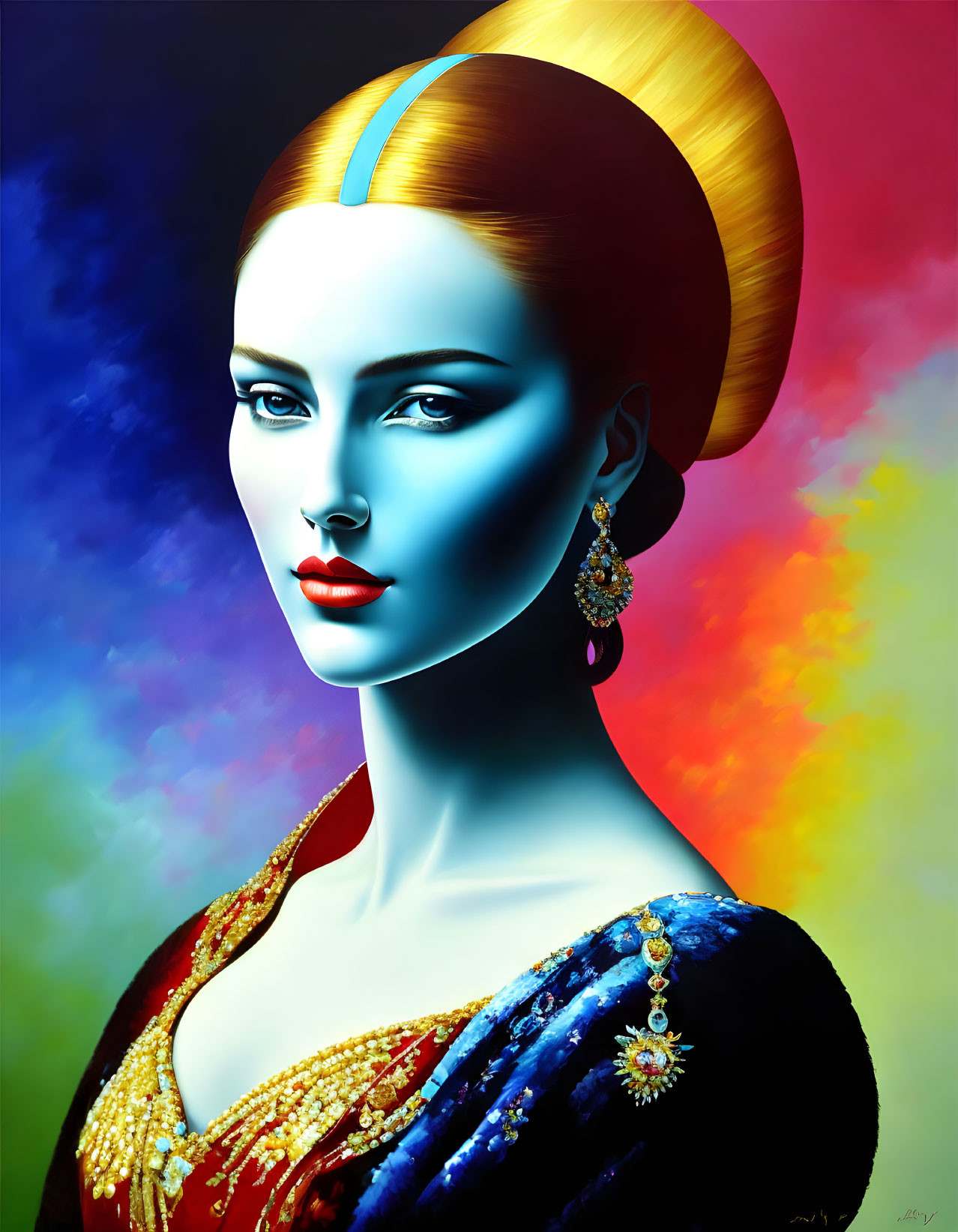 Colorful digital portrait: woman with blue skin, golden hair, ornate attire