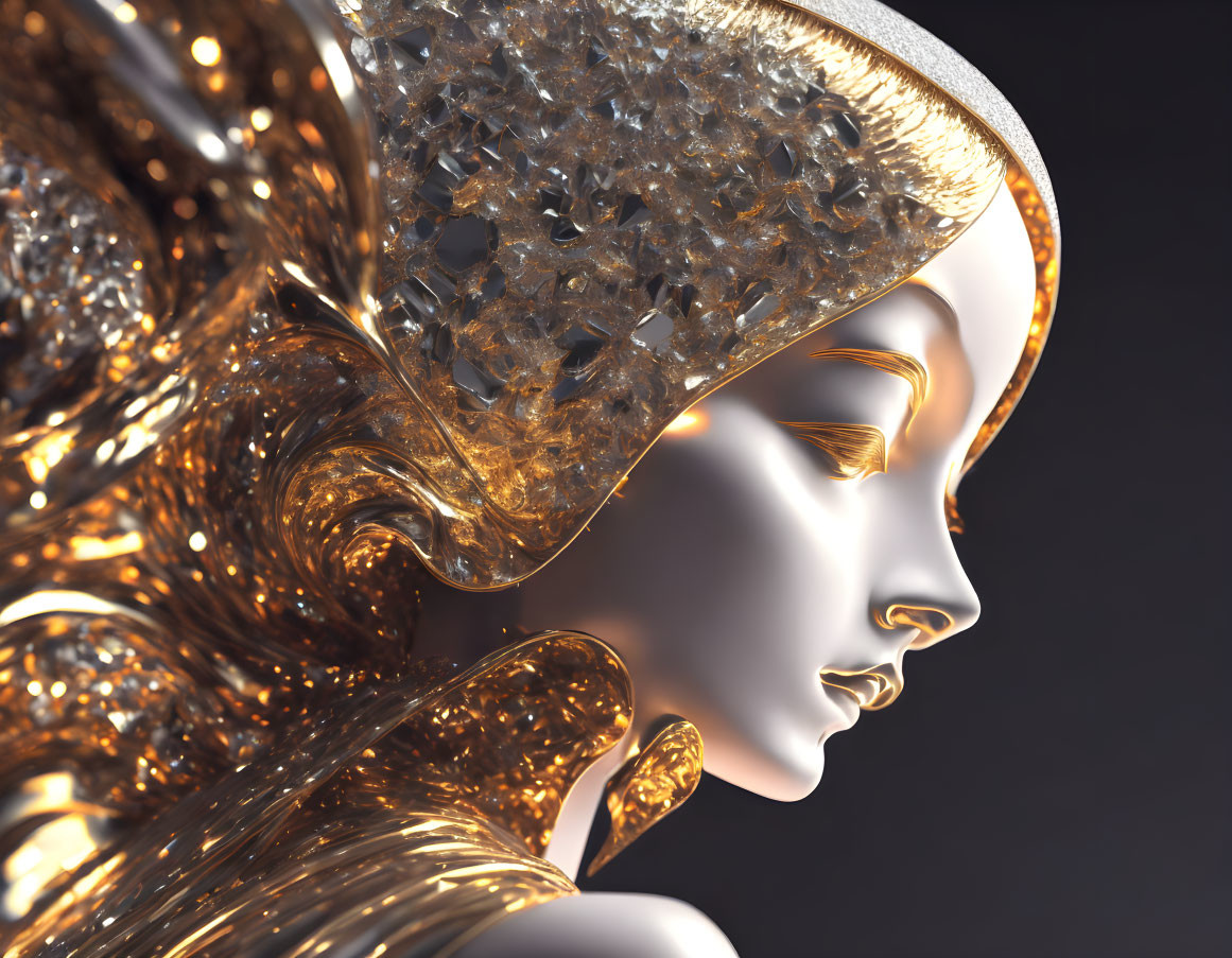 Metallic humanoid figure with intricate designs and crystal-like head structures