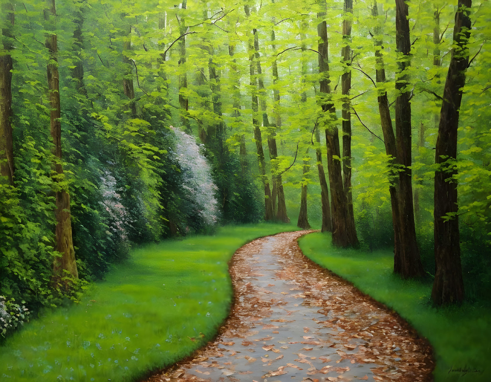 Tranquil forest scene with winding path and white flowers