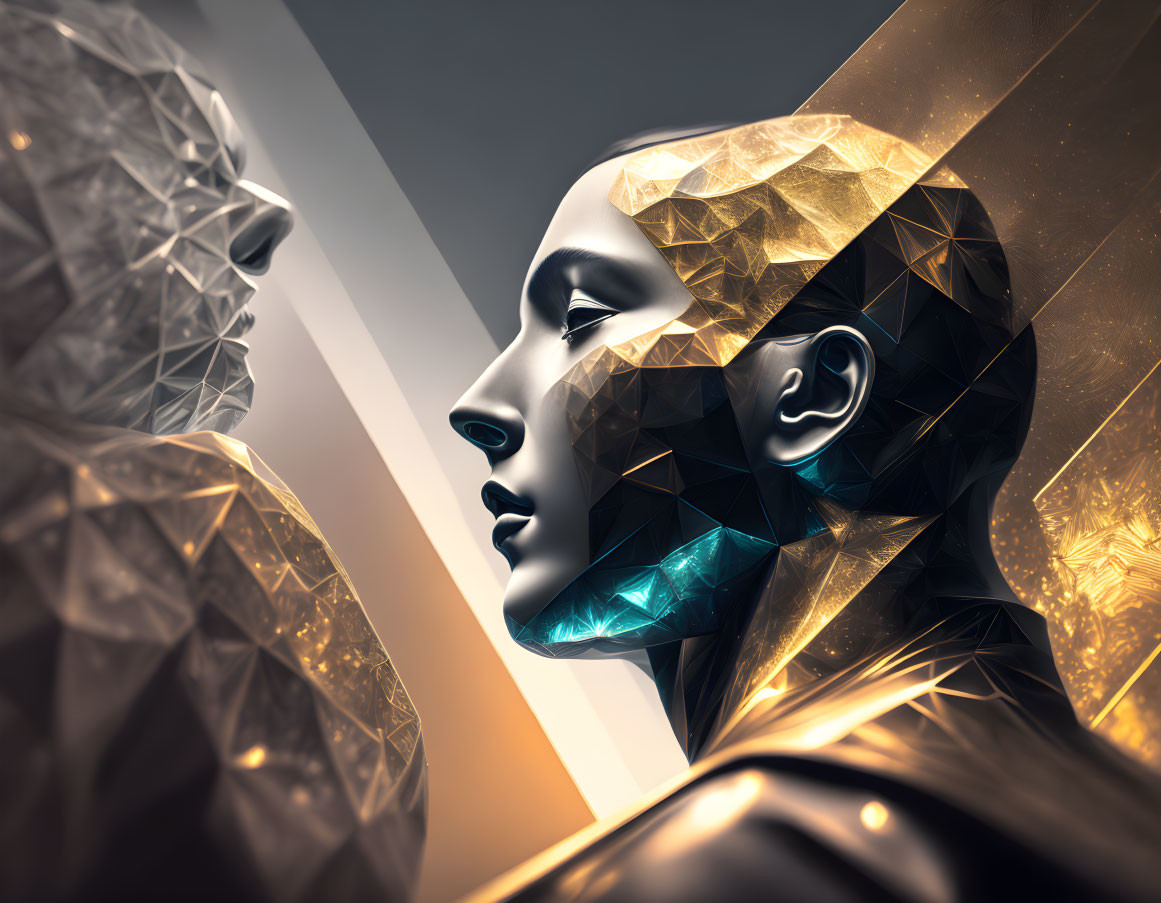 Geometric humanoid with gold and blue metallic skin in digital art.